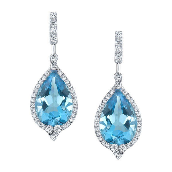 14Kt White Gold Unique Halo Style Pear Shaped Blue Topaz and Diamond Drop Earrings
