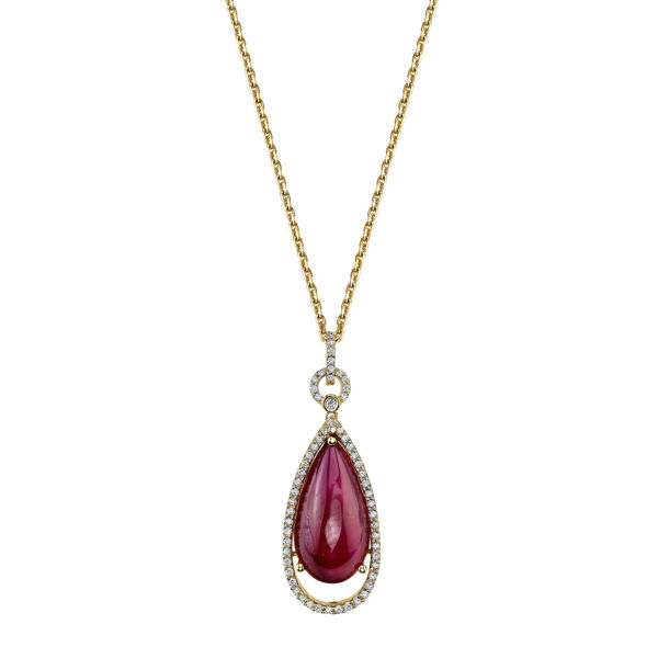14Kt. Yellow Gold Pear Shape Ruby Cabachon and Diamond Pendant