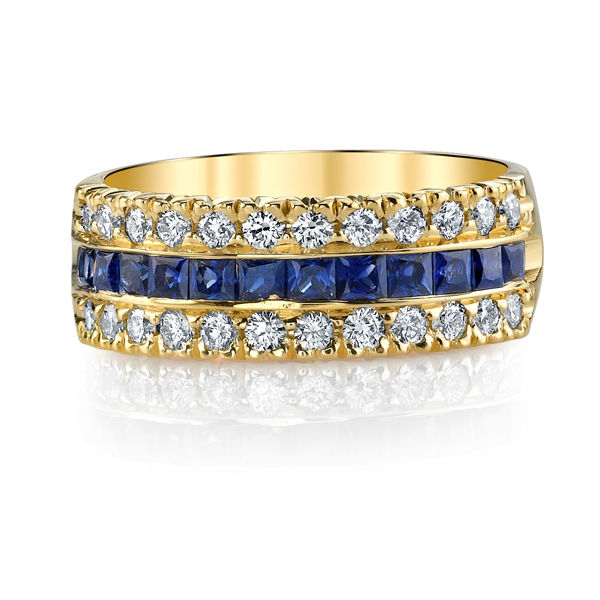 14Kt. Yellow Gold Three Row Style Princess Cut Sapphire and Round Diamond Ring