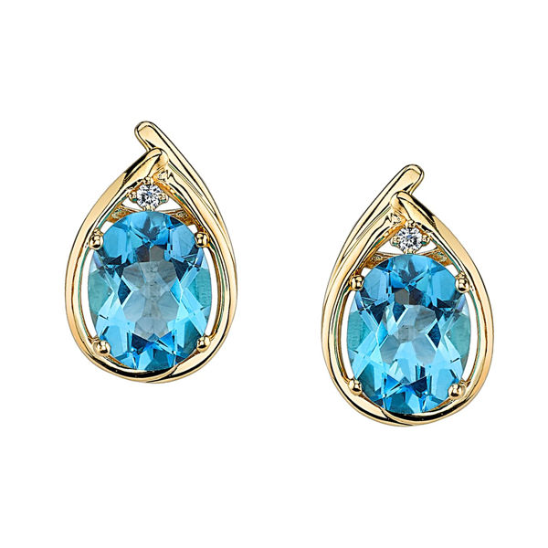 14Kt Yellow Gold Oval Blue Topaz and Diamond Accent Stud Earrings