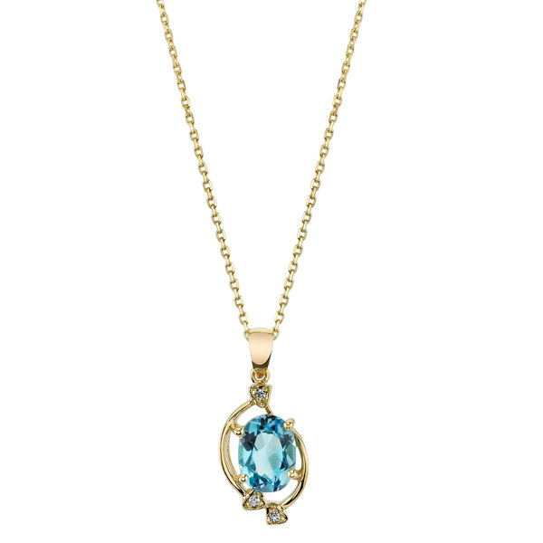 14Kt Yellow Gold Open Swirl and Heart Design Blue Topaz and Diamond Pendant