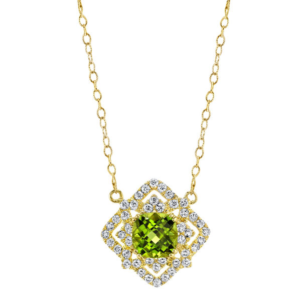 14Kt Yellow Gold Unique Vintage Inspired Cushion Shape Peridot and Diamond Necklace