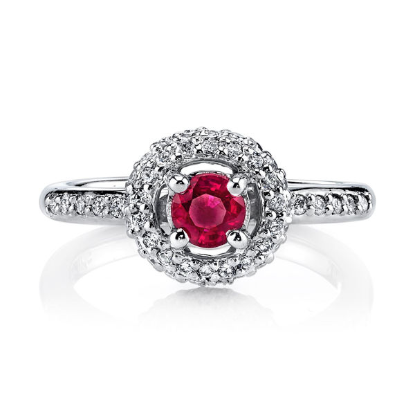 14Kt. White Gold Contemporary Halo Style Ruby and Diamond Ring