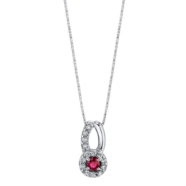 14Kt. White Gold Halo Design with Open Bale Ruby and Diamond Pendant