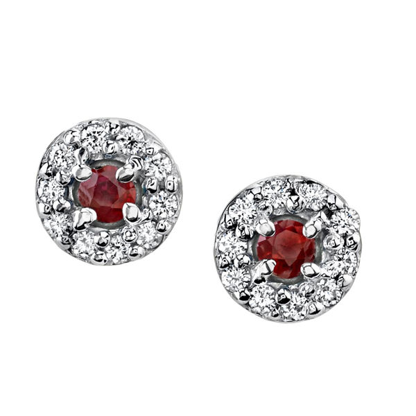 14Kt. White Gold Classic Halo Style Ruby and Diamond Earrings