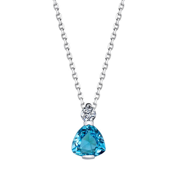 14Kt White Gold Modern Style Trillion Shaped Blue Topaz and Diamond Accent Pendant