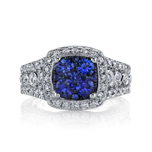 14Kt. White Gold Sapphire Cluster and  Diamond Halo Ring