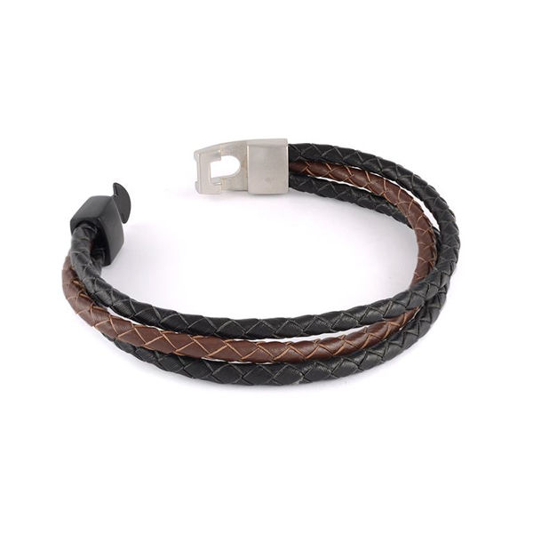 Italgem Men’s Braided Black and Brown Leather Bracelet with Stainless Steel Clasp