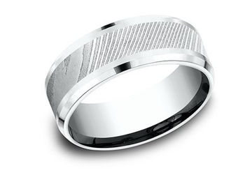 8mm Ammara Stone 14Kt White gold Band with Drop Bevel Edges and a Damascus Inlay