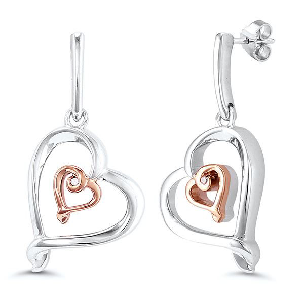 Sterling Silver and Rose Gold Plated Double Heart Dangle Earrings