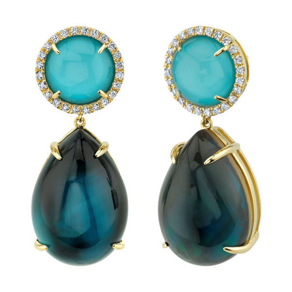 14kt Yellow Gold Cabochon Drop London Blue Topaz, Turquoise, Mother of Pearl and Diamond Earrings