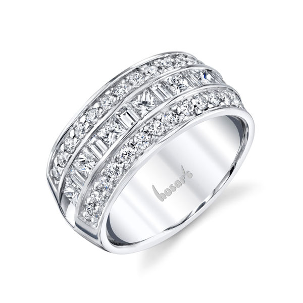 14kt White Gold  Three Row Channel Set Band with Princess, Baguettes, and Round Diamonds