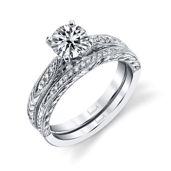 14kt White Gold Hand Engraved Diamond Engagement Ring