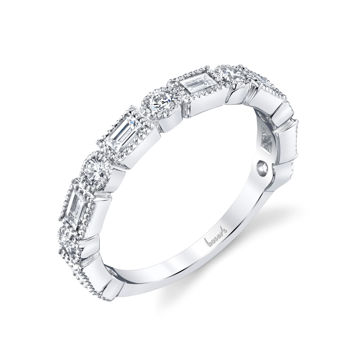 14kt White Gold Round and Baguette Milgrained Diamond Band