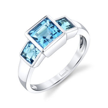 14kt White Gold Princess Cut Blue Topaz Bezel Set Three Stone Ring