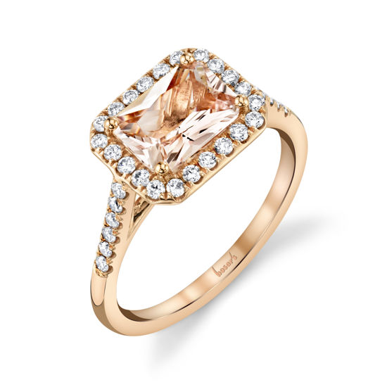 Husar's House of Fine Diamonds. 14kt Rose Gold Radiant Morganite Halo Ring