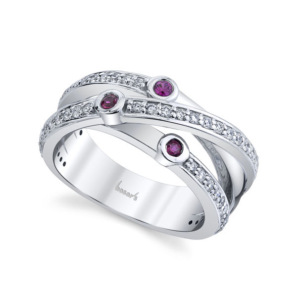14kt White Gold Cross Over Ruby and Diamond Ring