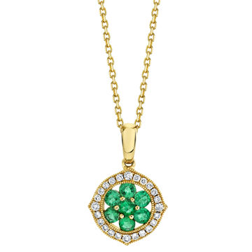 14kt Yellow Gold Natural Emerald and Diamond Halo Cluster Pendant