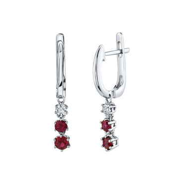 14kt White Gold Natural Ruby and Diamond Drop Hoop Earrings