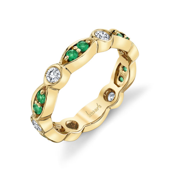 14kt Yellow Gold Natural Emerald and Diamond Scalloped Stackable Ring