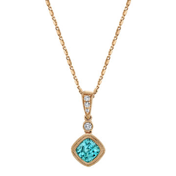 14kt Rose Gold Milgrained Bezel Set Blue Zircon and Diamond Pendant