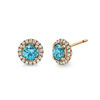 14kt Rose Gold Round Blue Zircon and Diamond Halo Stud Earrings