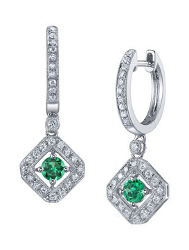 14kt White Gold Vintage Inspired Natural Emerald and Diamond Dangling Earrings
