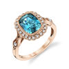 14kt Rose Gold Bezel Set Cushion Cut Blue Zircon and Diamond Halo Ring