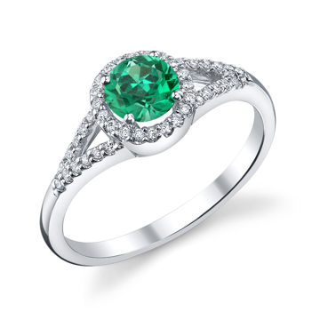 14kt White Gold Round Natural Emerald and Diamond Halo Ring
