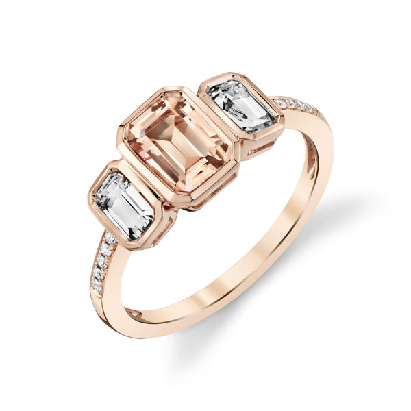 14kt Rose Gold Bezel Set Morganite and White Topaz Three Stone Ring with Diamond Accents