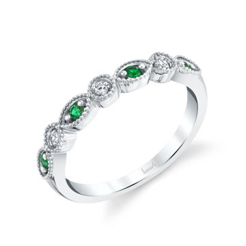 14kt White Gold Milgrained Marquise and Dot Emerald and Diamond Stackable Band