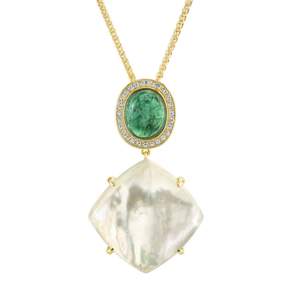 14kt Yellow Gold Assembled Crystal, Mother of Pearl, Tourmaline and Diamond Pendant