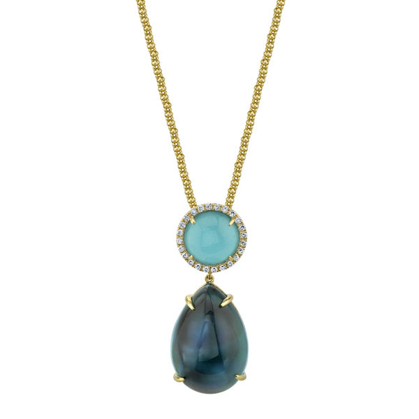 14kt Yellow Gold London Blue Topaz, Turquoise, Mother of Pearl and Diamond Pendant