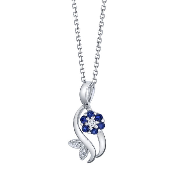 14kt White Gold Natural Sapphire and Diamond Flowing Flower Pendant