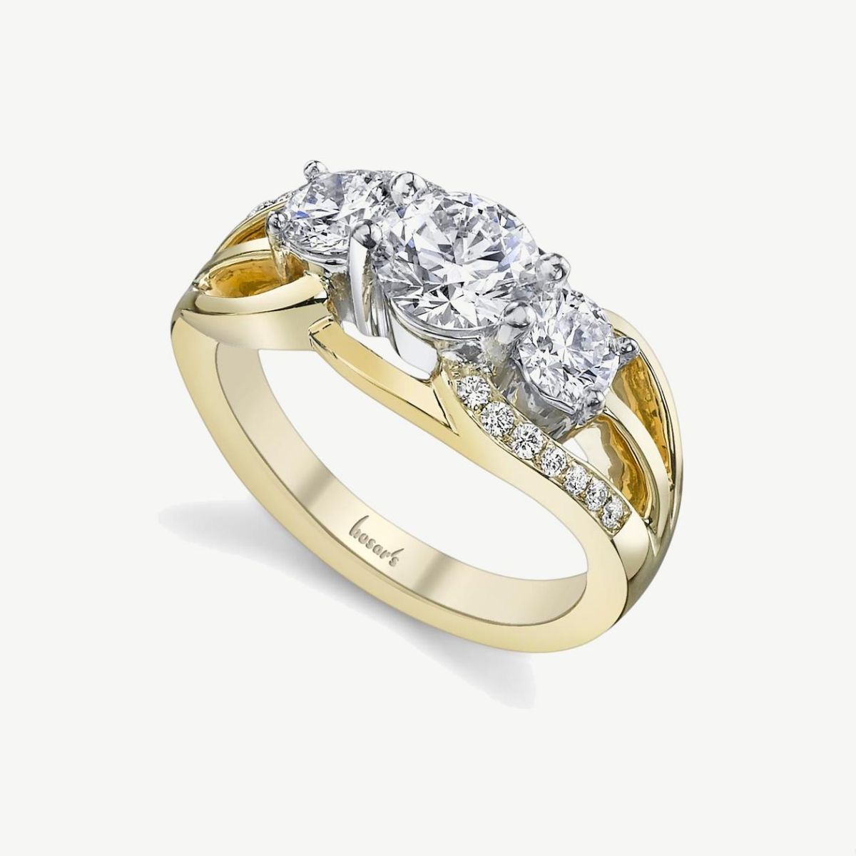 Picture of 14K Yellow Gold Three Stone Diamond Ring with Scalloped Band