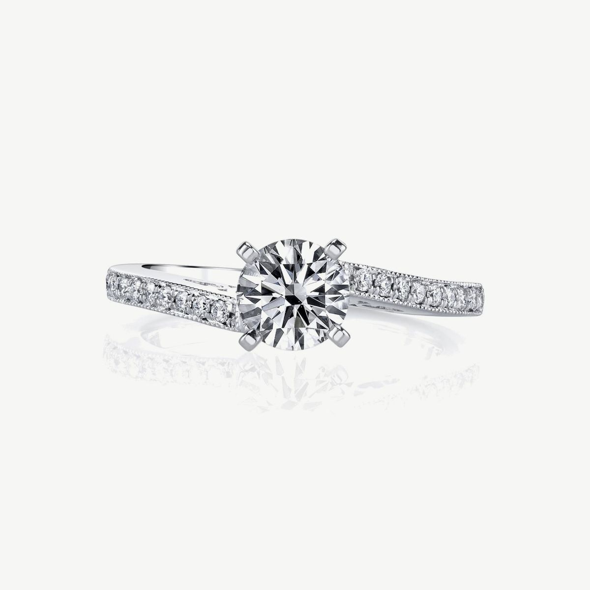 Picture of 14K White Gold Cathedral Diamond Ring with Prong Set Rounds, Twist Detail, and Milgrain Edges