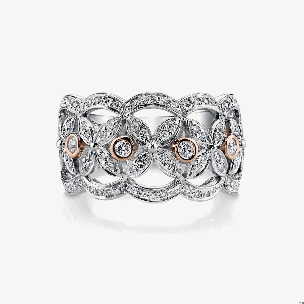 Picture of 14K White and Rose Gold Floral Diamond Band