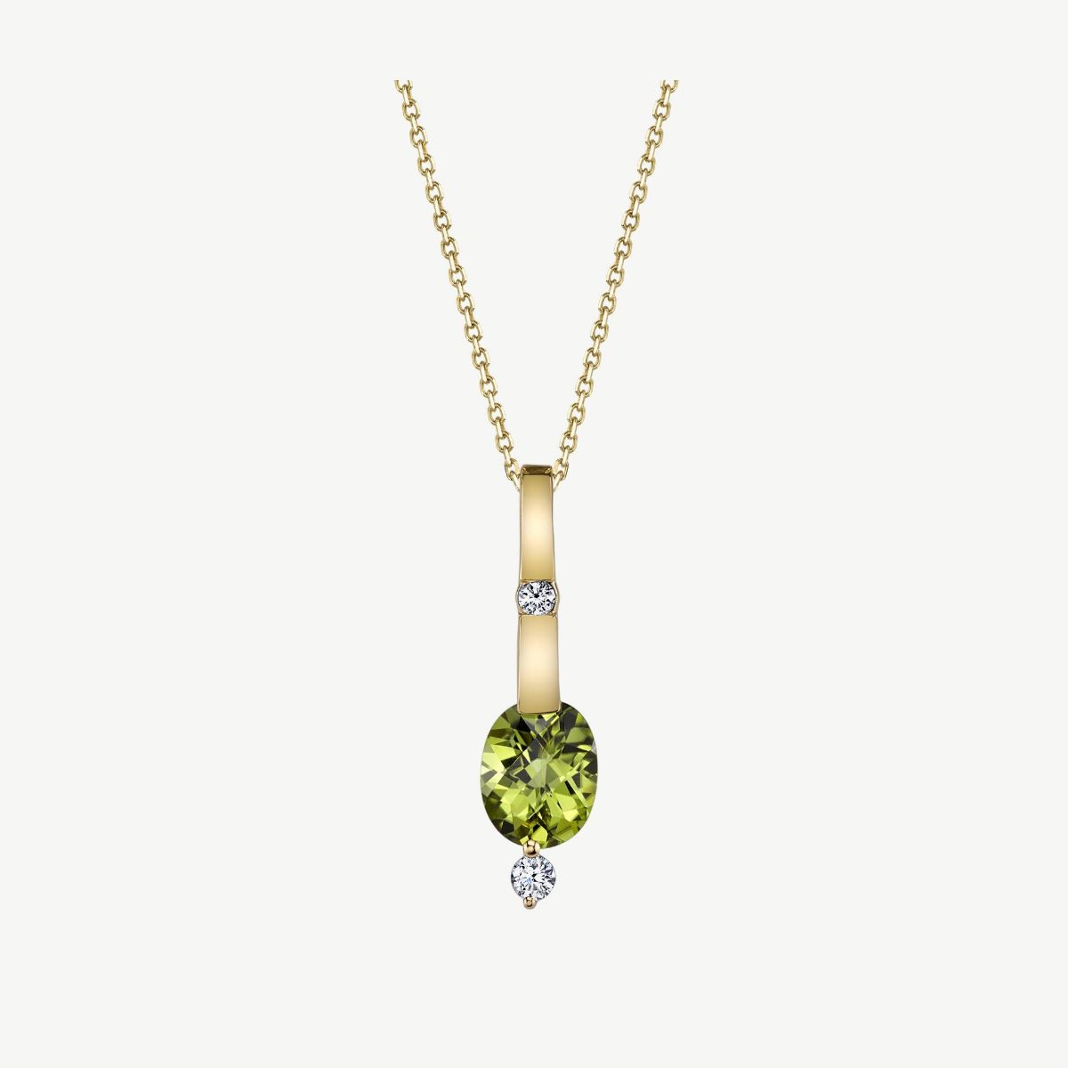 Picture of 14K Yellow Gold Peridot Stick Pendant with Channel Set Oval and Round Diamonds