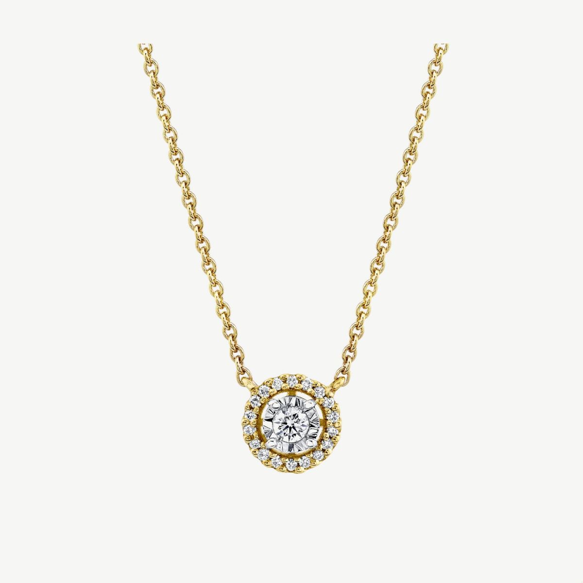 Picture of 14K Yellow Gold Halo Pendant with Round Illusion Head and Prong Set Diamonds