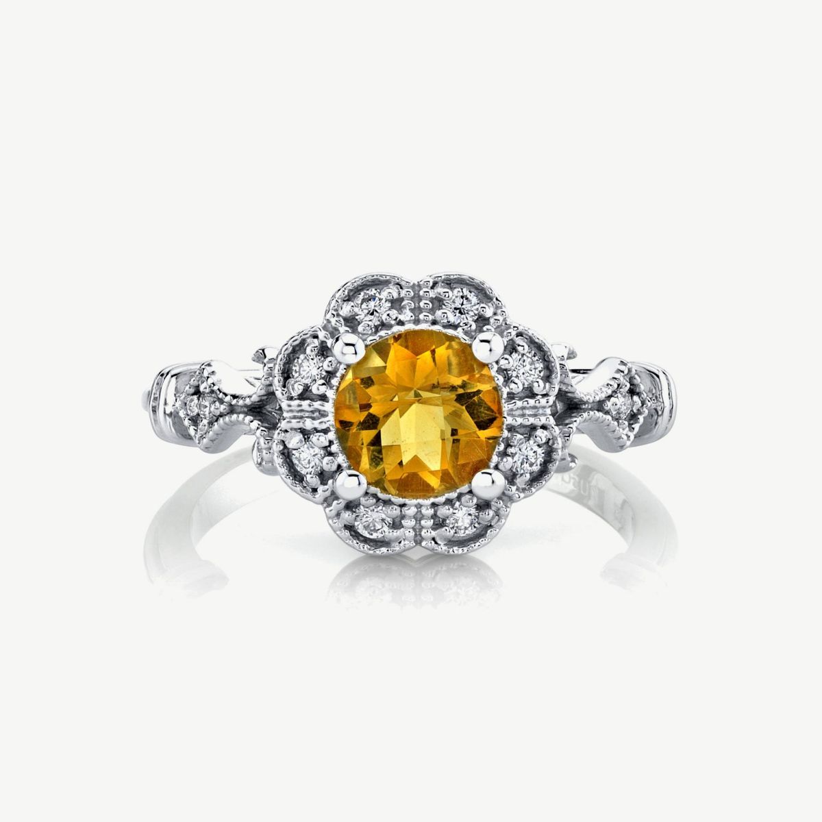 Picture of 14K Gold Citrine Halo Scalloped Ring with Milgrain Accents