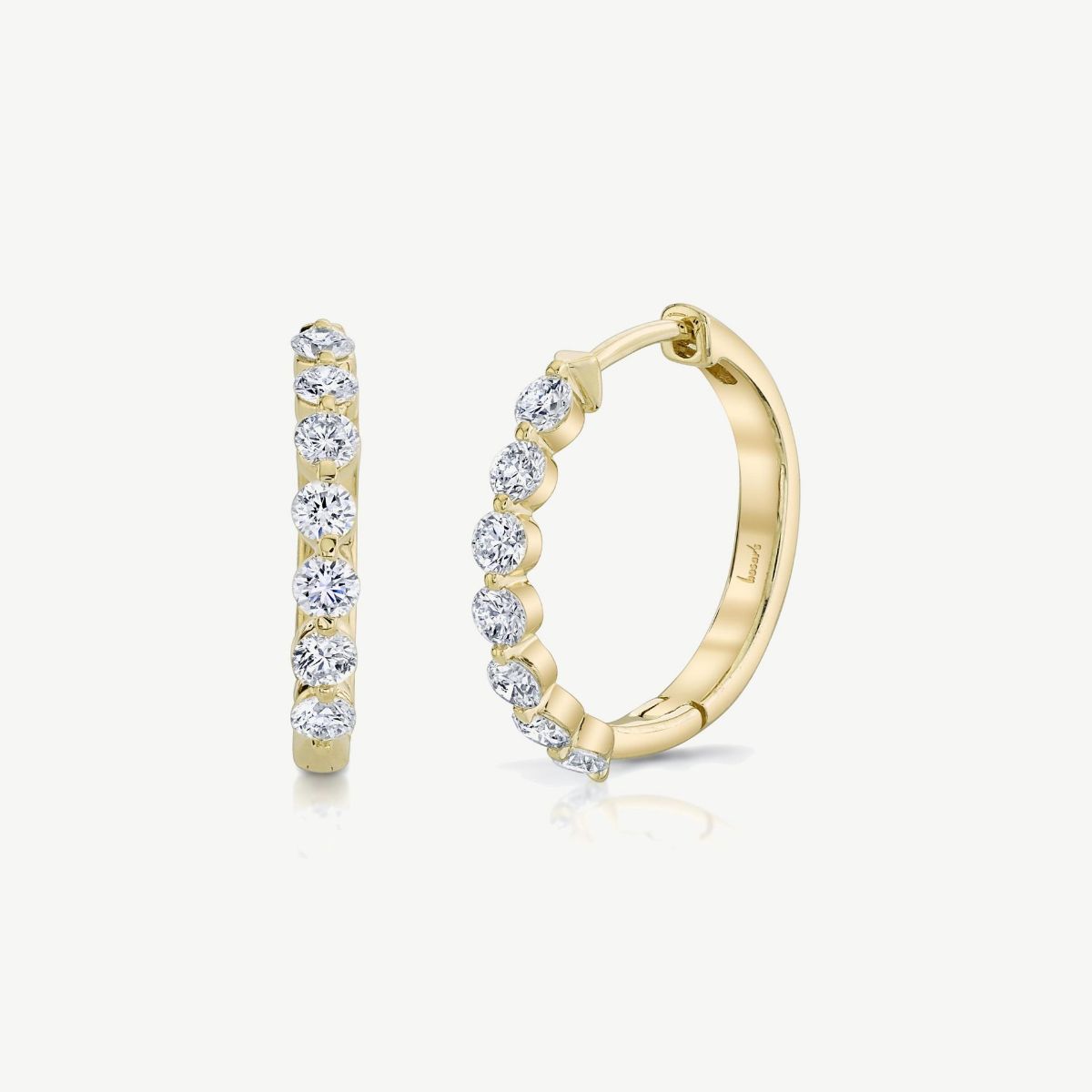 Picture of 14K Yellow Gold Diamond Hoop Earrings with Round Shape and Single Shared Prong Set 14-2.40mm Round Diamonds