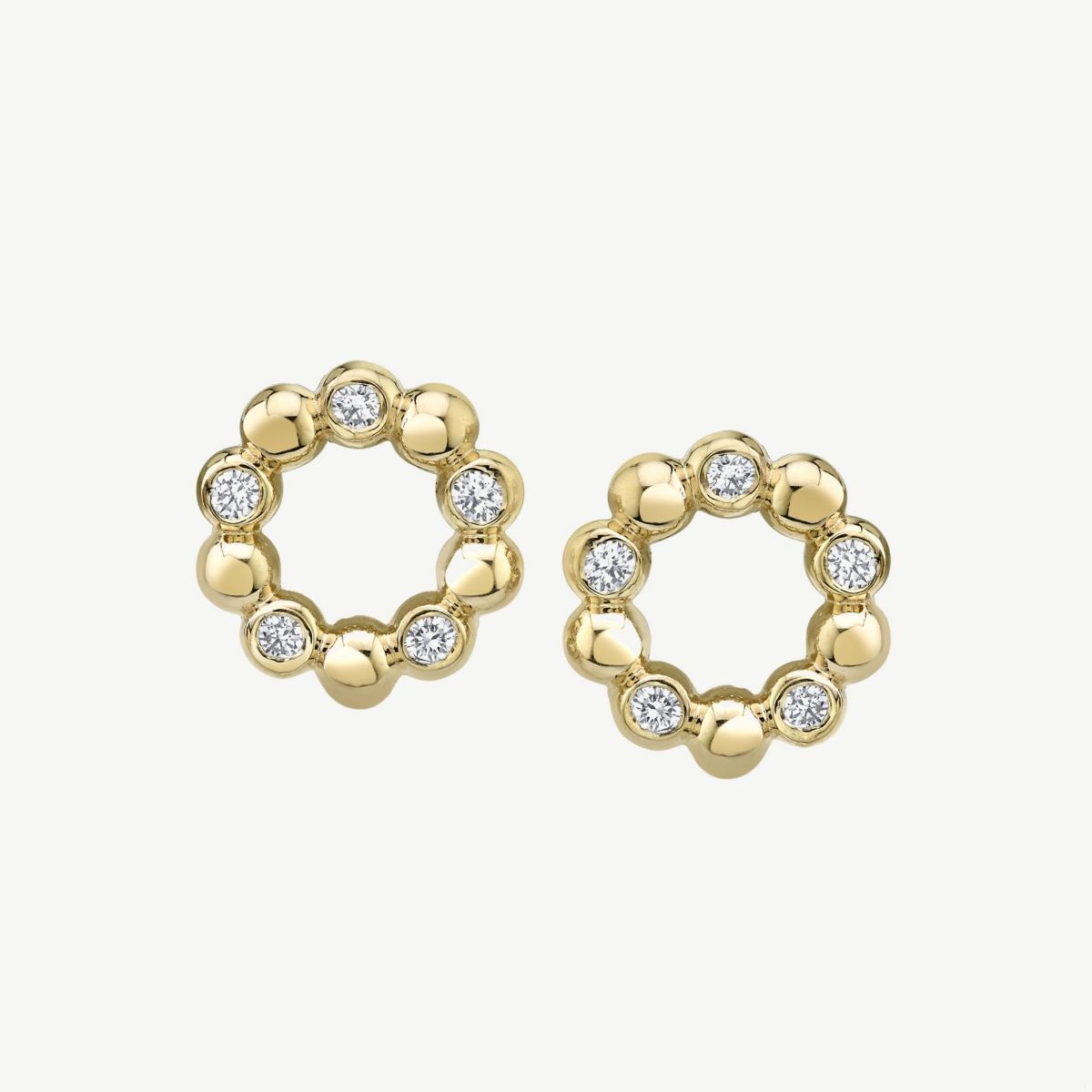 Picture of 14K Gold  Diamond Circle Earrings with Bezel Set Rounds and Plain Beads