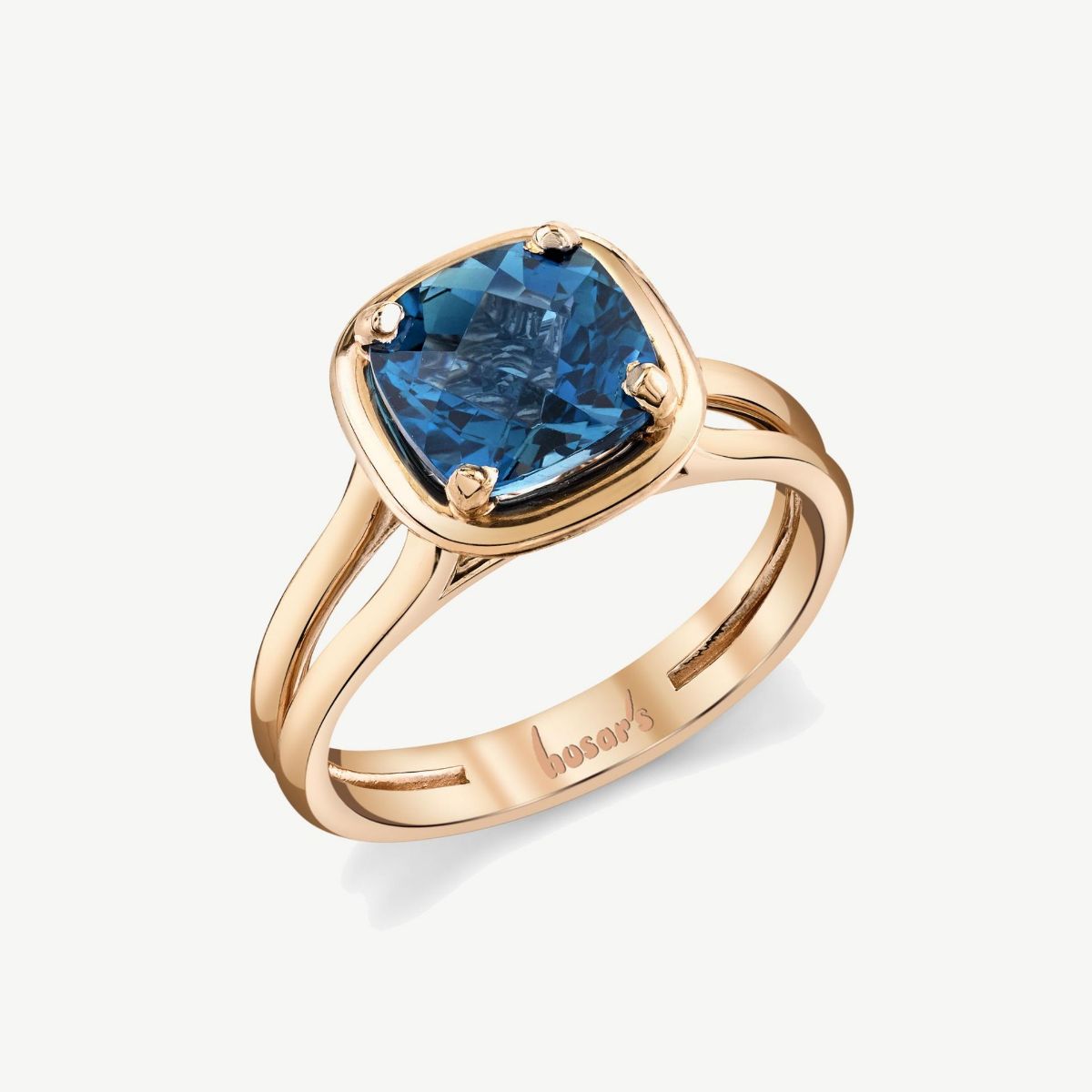 Picture of 14K Gold London Blue Topaz Halo Ring with Cushion Cast Head and Split Shank