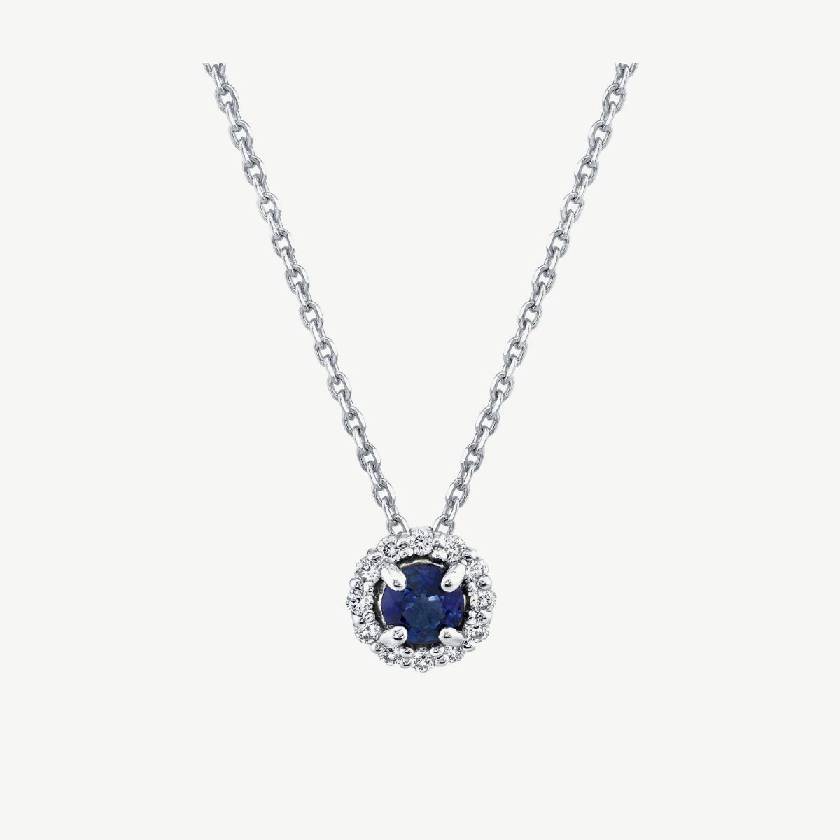 Picture of 14K Gold Blue Sapphire Halo Necklace with Round Cast Head and Hidden Bale