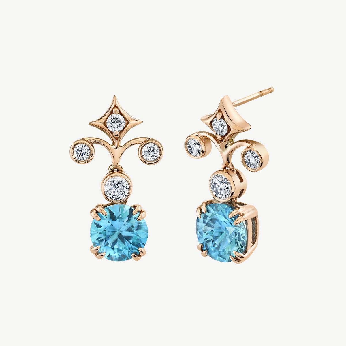 Picture of 14K Gold Blue Zircon Swirl Earrings with Cushion Cut Drop and Bezel Set Rounds