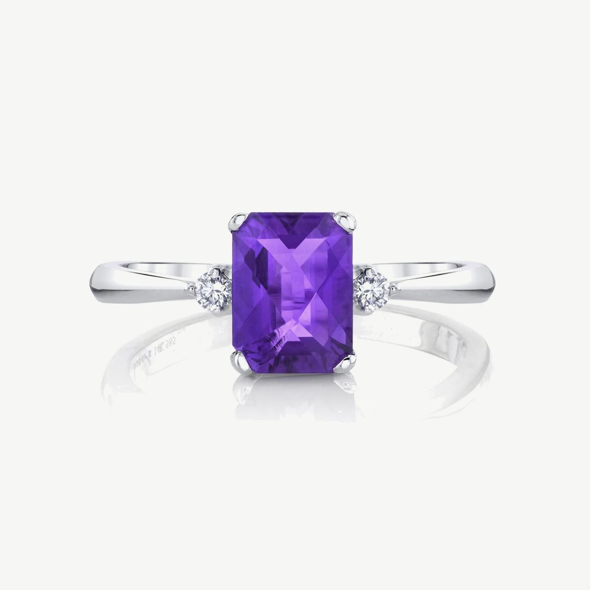 Picture of 14K Gold  Amethyst Three Stone Ring with Emerald Cut Center and Pinch Shank