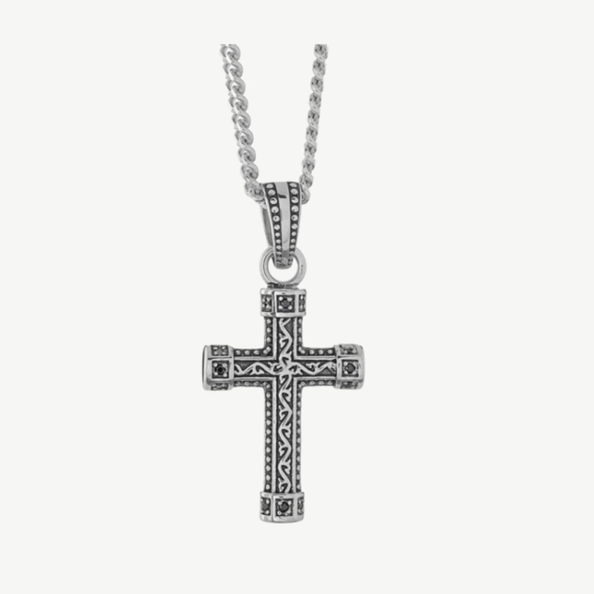 Picture of Stainless Steel Cross Necklace with Black CZ (Cubic Zirconia) and Tapered Bale