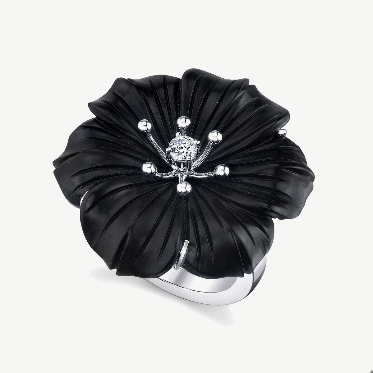 Picture of 14K White Gold Carved Onyx Flower and Diamond Ring