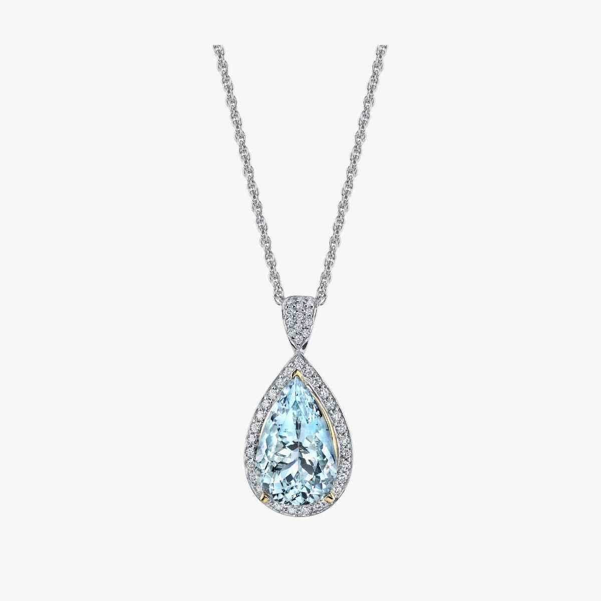 Picture of 14K White Gold Aquamarine Pear Shaped Halo Pendant with Prong Set Diamonds and Tapered Bale