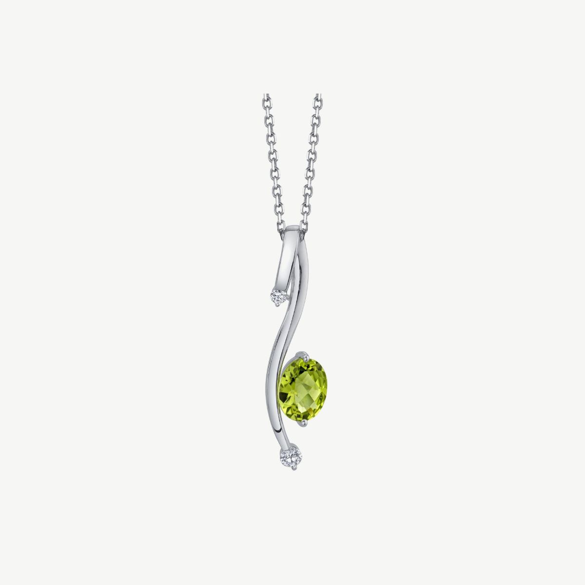 Picture of 14K White Gold Peridot Stick Pendant with Prong Set Oval Gemstone, Two Round Diamonds, and Curved Bale